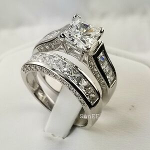 NEW WOMENS 925 STERLING SILVER ENGAGEMENT RINGS WEDDING RINGS DIAMOND SET